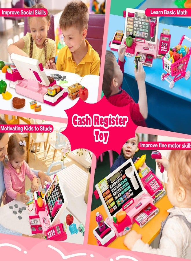 VROGTIK Kids Cash Register Toy with Shopping Cart Toddler Pretend Play Store Cashier Register for Kids with Music / Real Calculator / Scanner Learning Toys for Girls Birthday Gift for 3-8 Year Old Girl - Image 4